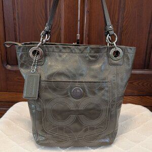 Coach Alex 14265 Op Art Signature Stitched Tote Bag In Pewter Patent Leather